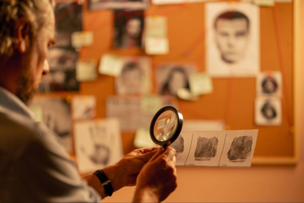 A detective examines a photograph with a magnifying glass.