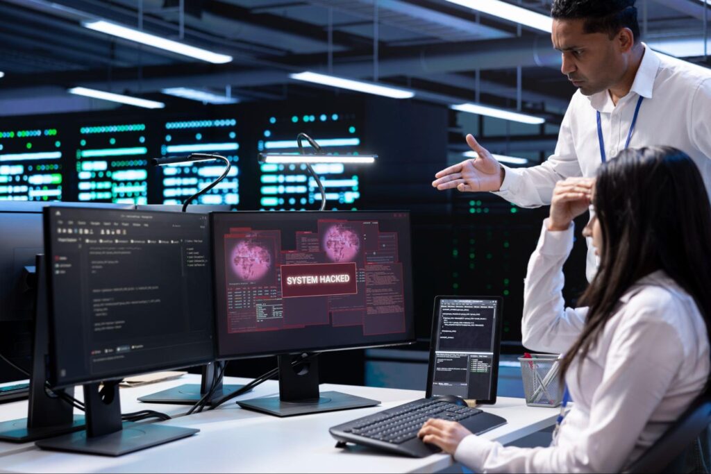 Two computer scientists in a server hub need help from a cybersecurity attack.
