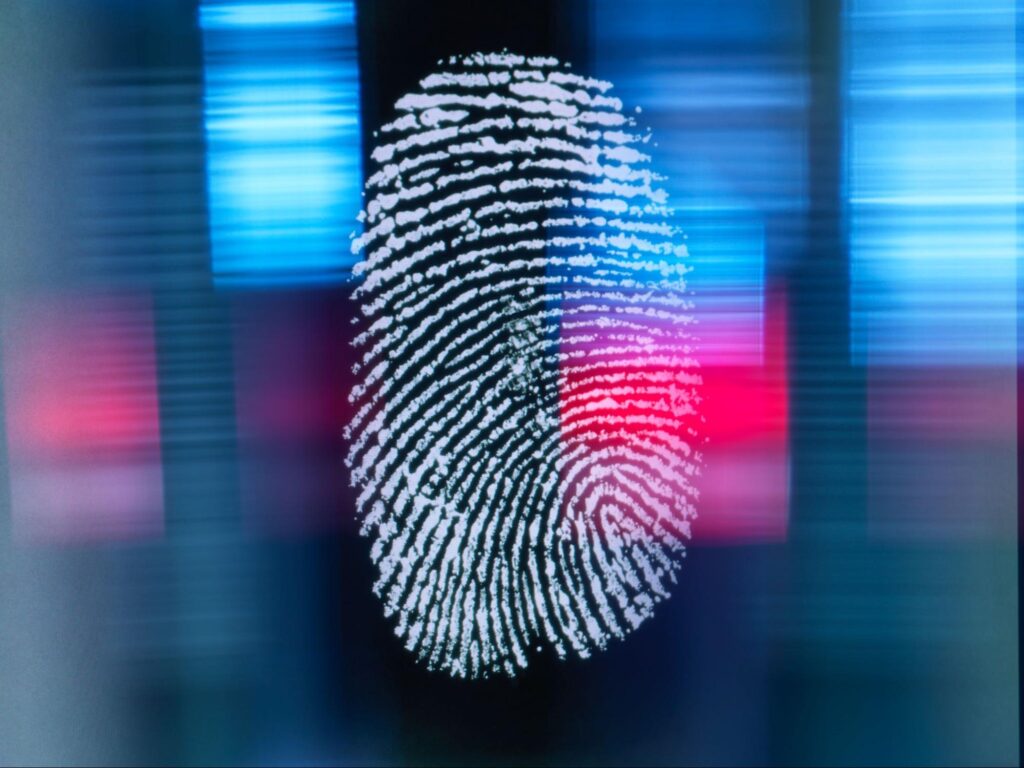 A fingerprint on a digital screen being scanned.