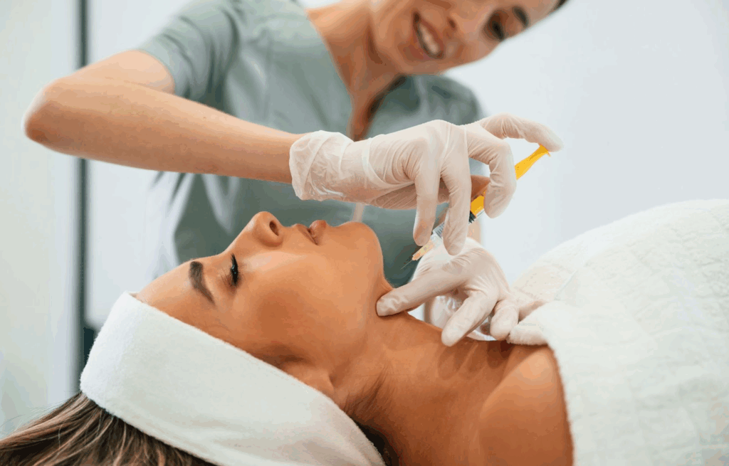 A woman receiving a Botox® injection in the neck to soften vertical neck bands 