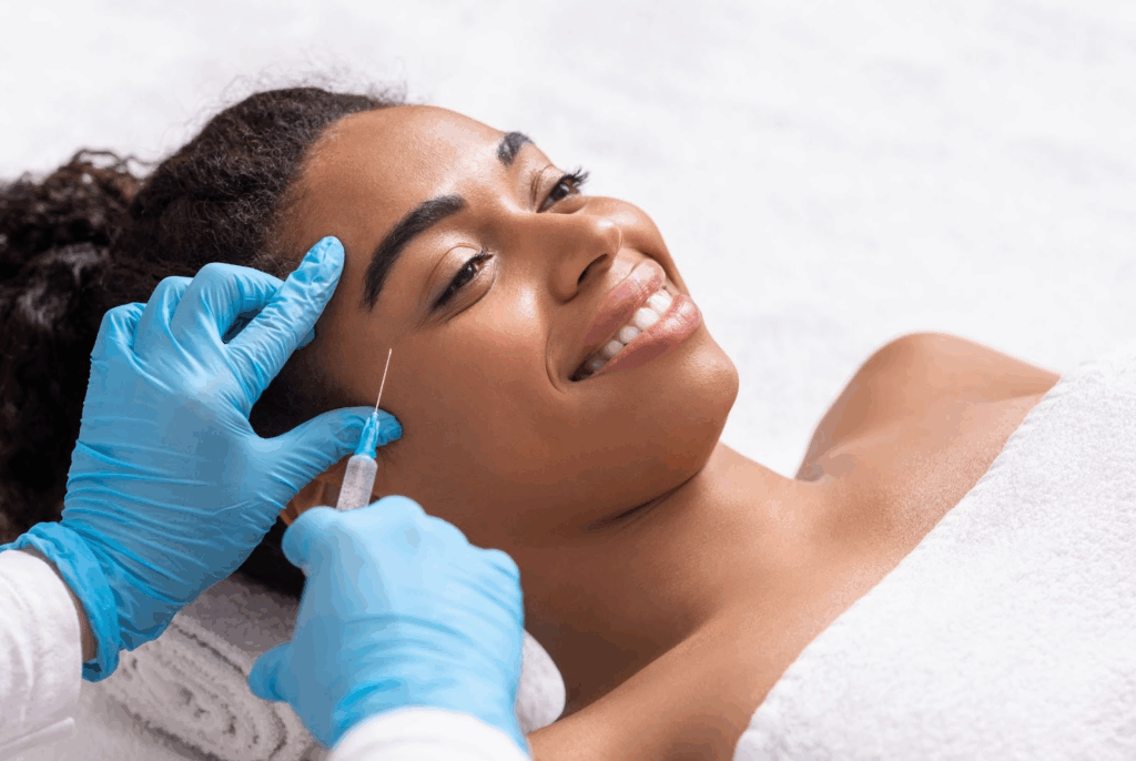 Smiling Black woman receiving a Botox® injection near the eyes to reduce crow’s feet and refresh the eye area.