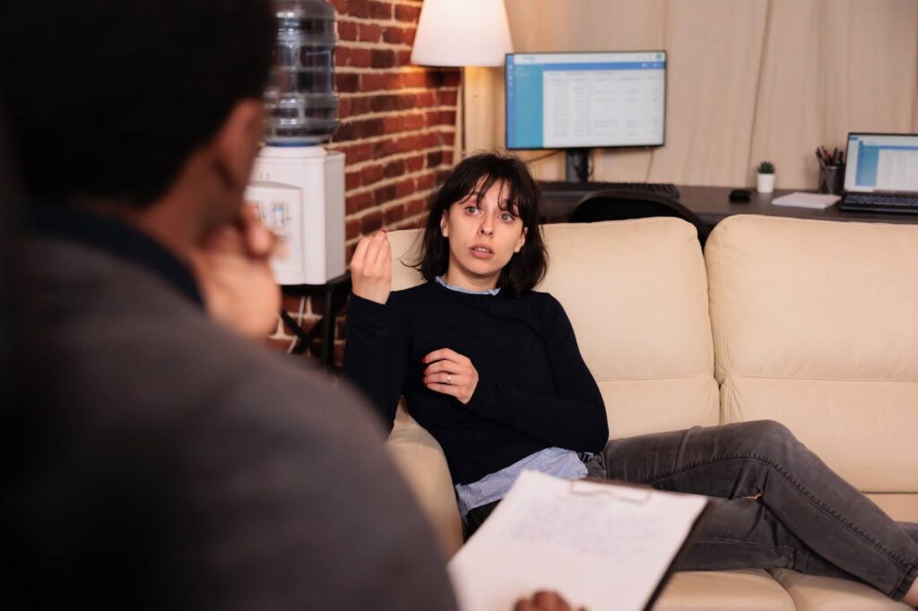 A woman talking to her therapist