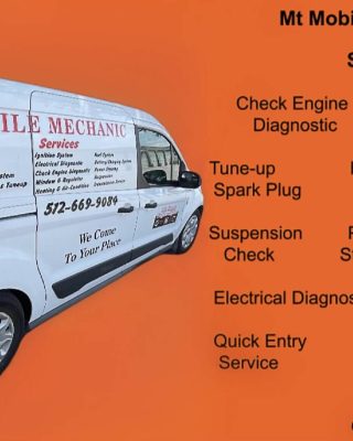 A mobile mechanic van with service details, listing diagnostics and repairs, against an orange background. Contact info displayed prominently.