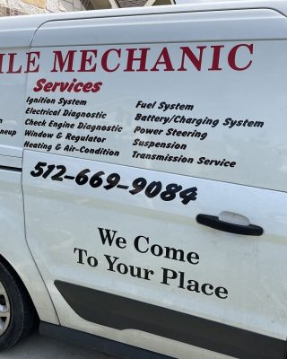 A white van with "Mobile Mechanic" services listed, showcasing various auto repair services and a contact number.