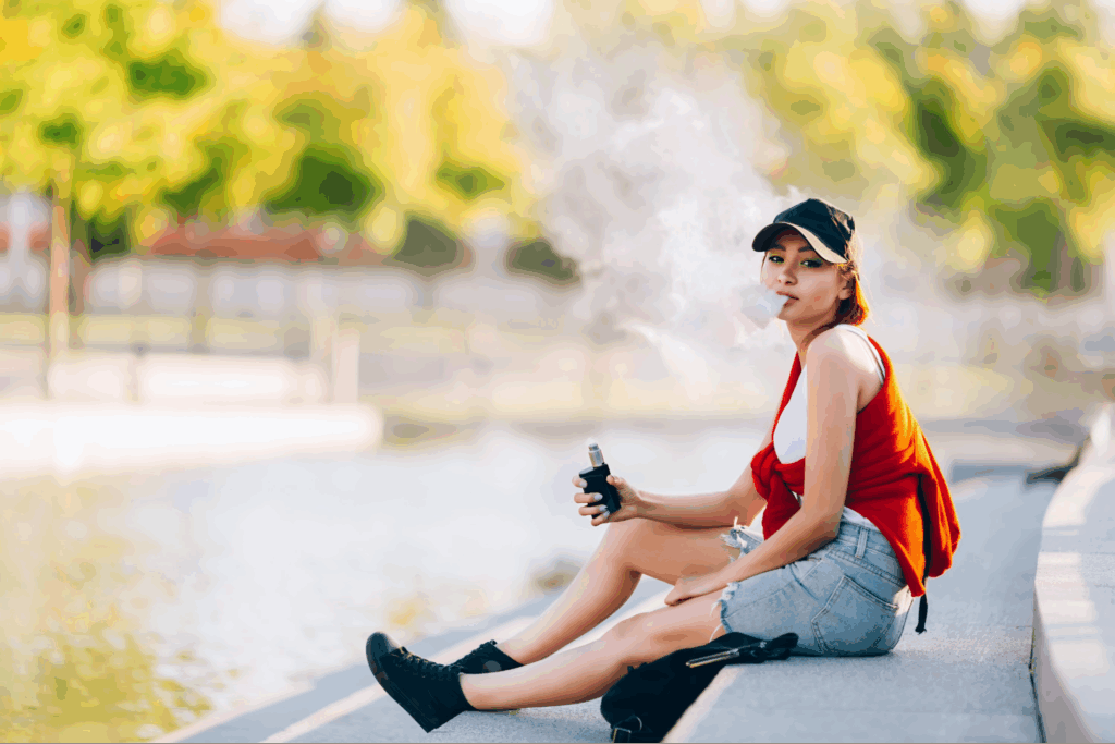 A woman vaping outside on the steps of a fountain.