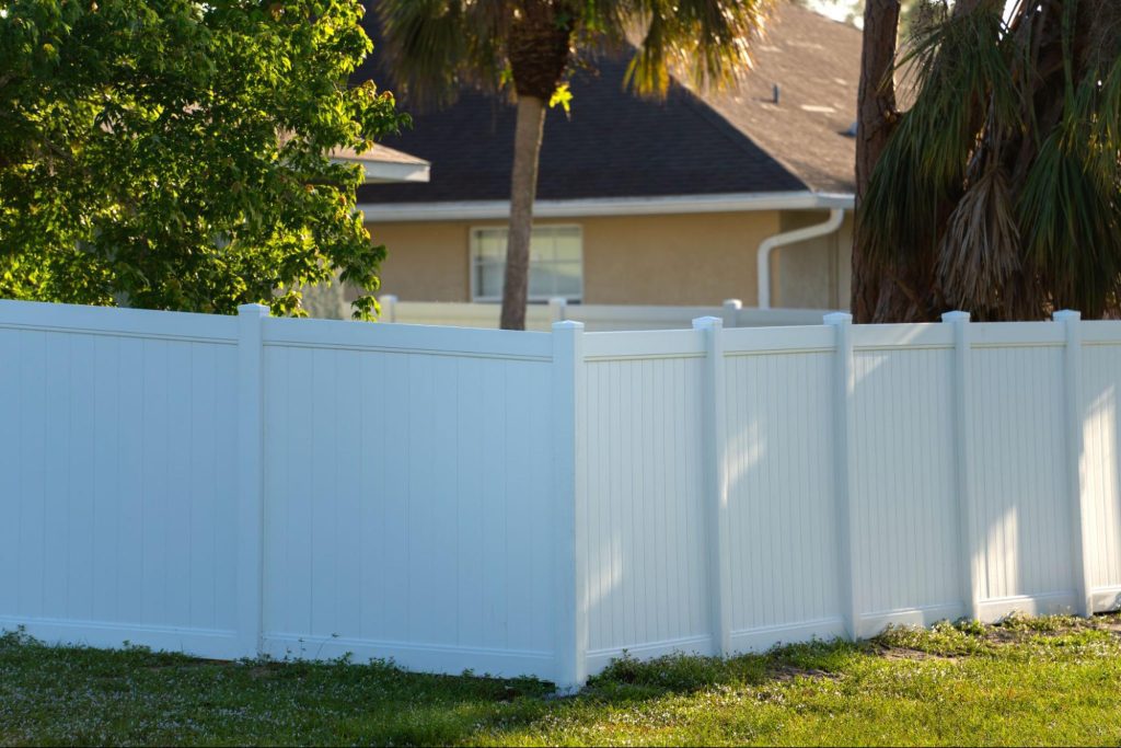 Vinyl fence in a backyard next to a palm tree.