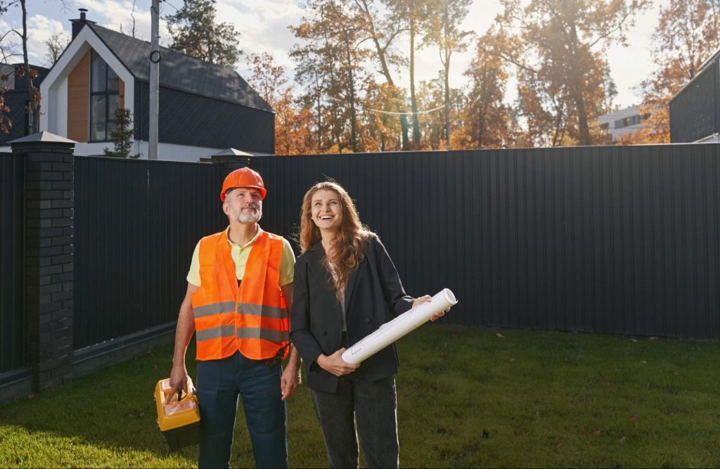 Woman and a man in a hard hat next to a privacy fence.