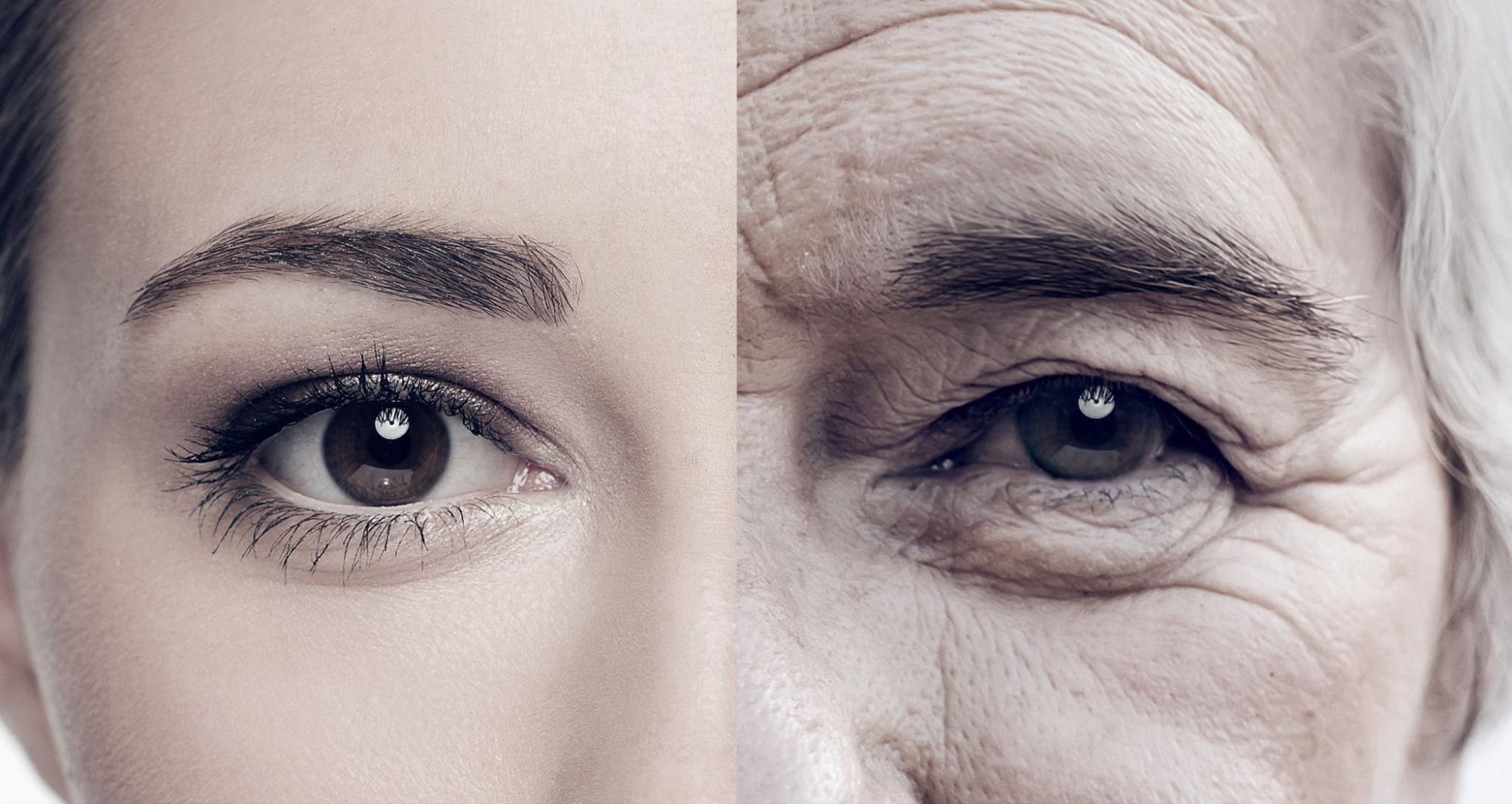 A cropped composite black and white image of a woman when she was young and old.