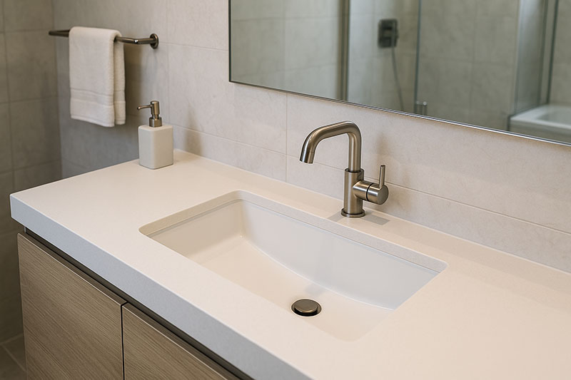 Seamless countertop installed in a modern bathroom with clean edges and an integrated sink.