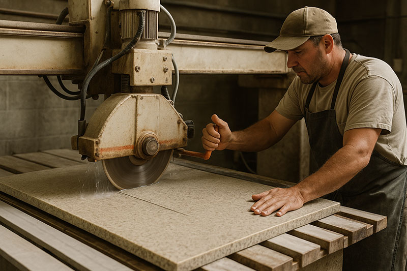 A skilled worker using machinery to cut a stone countertop for a custom kitchen installation.